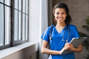 African-american doctor working in hospital , healthcare and medical concept