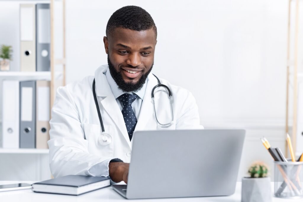 Highly qualified black doctor consultating patients online